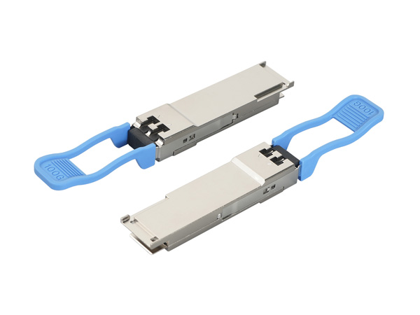 QSFP-DD 400G光模块外壳 - 蓝色拉环100G标识双角度展示
